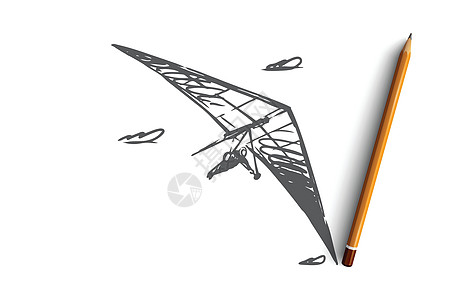 悬挂式滑翔机概念 手绘孤立的矢量速度爱好运动插图自由翅膀娱乐草图天空飞行图片