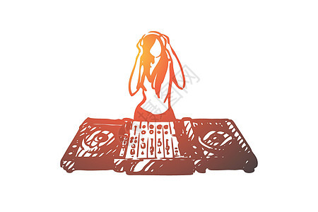 DJ 音乐俱乐部迪斯科派对的概念 手绘孤立的矢量耳机混合器转盘岩石夜生活娱乐男人舞蹈俱乐部磁盘图片