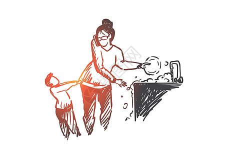 多任务处理女性概念 手绘孤立的矢量厨房家庭女士妻子女孩孩子草图家务食物母性图片