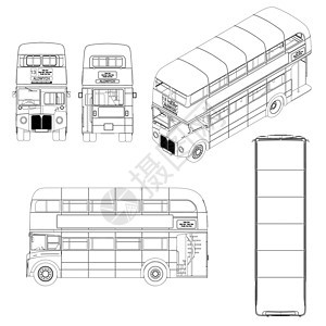 设置双层复古英式巴士的轮廓 黑色线条隔离在白色背景上 视图 它制作图案矢量图片