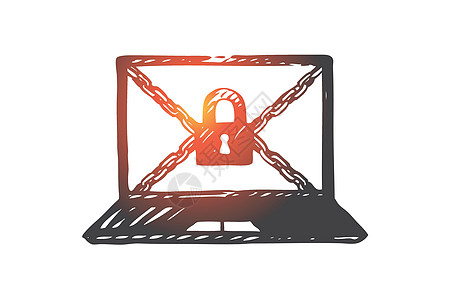 计算机保护访问数据锁概念 手绘孤立的矢量网络计算警卫草图防火墙挂锁互联网隐私桌面技术图片