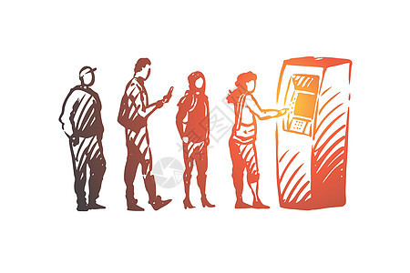 ATM 队列人钱机器概念 手绘孤立的矢量银行业支付商业货币草图男人卡片银行商务女性背景图片