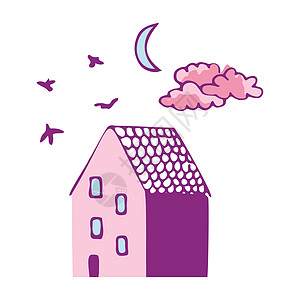 矢量图的房子与 birdssky 和月亮 涂鸦设计元素插图明信片贴纸艺术图标数字名片天空手绘打印图片