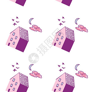 白色背景图案 粉红色和紫色房屋蓝色月云和鸟类童话手绘卡片装饰品婴儿包装打印墙纸绘画插图图片