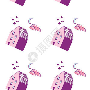 白色背景图案 粉红色和紫色房屋蓝色月云和鸟类童话手绘卡片装饰品婴儿包装打印墙纸绘画插图幻想高清图片素材
