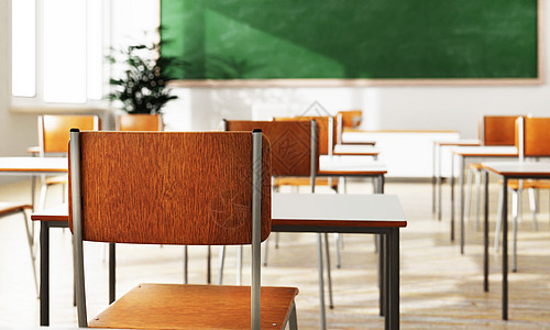 特写学生椅子后座和课桌在教室背景与在木地板上 教育和返校理念 建筑内部 社会疏远主题 3D插画渲染背景图片