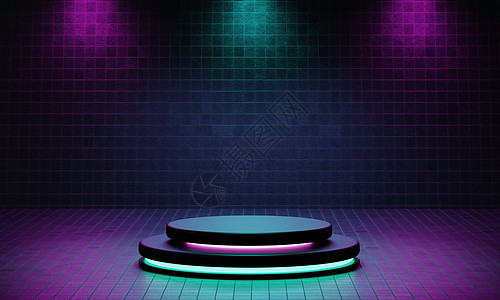 具有蓝色和紫色聚光灯和垃圾风格纹理背景的赛博朋克产品讲台平台工作室 复古舞台和未来派场景概念 3D插图渲染图形圆圈聚光灯推介会展图片