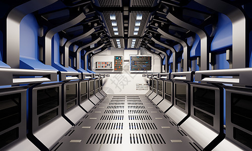 太空飞船走廊和秘密地下室走廊内部有蓝色和银灰色背景 现代技术和占星术科学概念 3D插画渲染平面设计图片