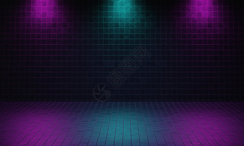 深色空房间 由紫色和蓝色聚光灯背景的砖块制成 赛博朋克风格和剧院舞台概念 建筑和室内主题 3D插画渲染平面设计图片