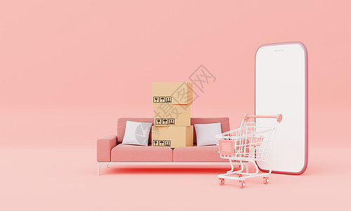带有隔离白屏幕智能手机的纸板箱 上面有客厅沙发家具和以粉色糊面背景制作的购物车模型;网上商业购物概念 3D插图解图片