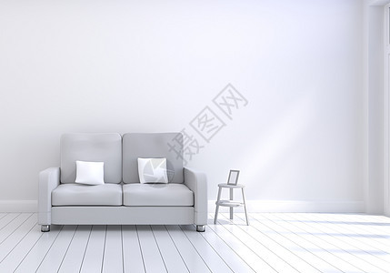 客厅现代室内设计有灰色沙发的有白色和木光滑的地板和相框的 白色靠垫元素 家庭和生活的概念 生活方式主题 3D 插图渲染图片