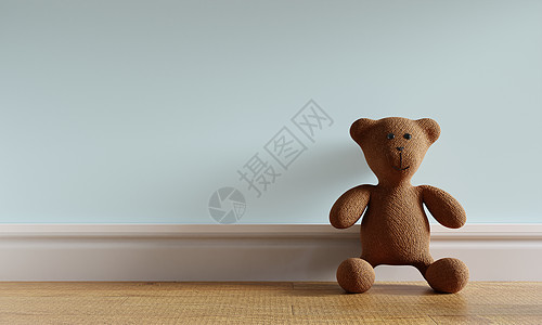 棕色可爱的泰迪熊玩具靠在蓝绿色柔和的背景和木地板上 孩子们玩耍和新生婴儿房的概念 3D 插图 3D渲染图形设计图片