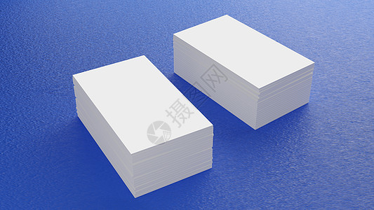 蓝色通用名片白色名片模型堆叠在蓝色地板上 用于品牌展示模板打印的办公用品对象背景概念 3 5 x 2 英寸纸张尺寸空白空白封面 3D插画渲染背景