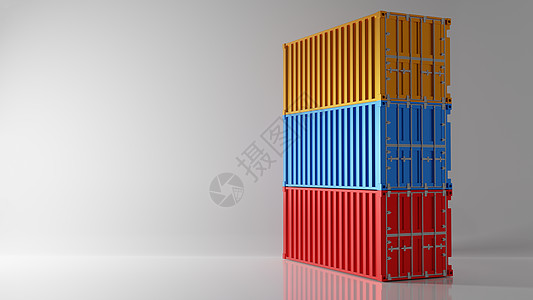 白色背景上的三色联运集装箱堆 仓库造船厂码头的行业航运集装箱储存货物 进出口概念 工作室拍摄 3D插画渲染图片