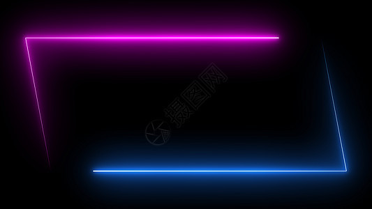 平行四边形矩形相框 在孤立的黑色背景上带有两个色调的霓虹色阴影运动图形 覆盖元素的蓝色和粉红色光 3D插图渲染墙纸背景图片
