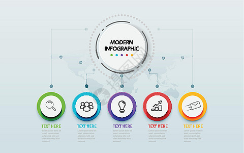 现代抽象 3D 信息图表模板 带有演示工作流图选项的商业圈 成功的五个步骤 技能树时间轴主题 矢量插图图片