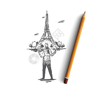 法国巴黎的概念 手绘孤立的矢量衬衫草图贝雷帽旗帜艺术家香水羊角插图刷子国家图片