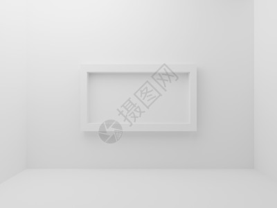 白色空房间 背景墙中间有模型相框边框 抽象和装饰对象的概念 最小的体系结构和简单的主题 3D 插图渲染图形设计图片
