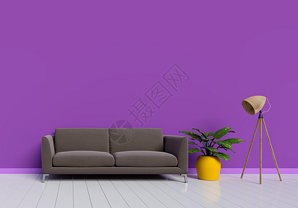 紫色客厅现代室内设计与棕色沙发和黄色植物盆在白色光滑的木地板上 灯元件 家庭和生活的概念 生活方式主题 3D 插图渲染图片