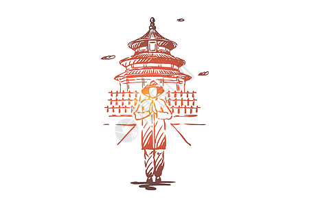 中国国家建设亚洲人的概念 手绘孤立的矢量衣服游客男人裙子寺庙文化和服建筑学竹子草图图片