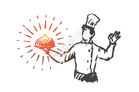 餐厅的概念 手绘孤立的矢量炊具食物插图午餐草图厨师男人盘子食谱卡通片图片