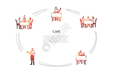 咖啡馆  人们在餐厅吃晚饭 服务员收到订单矢量概念 se午餐民众菜单客户工作咖啡店厨师插图草图酒厂图片