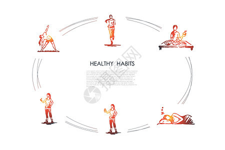 健康的习惯跑步吃健康的食物睡得好做健身和锻炼矢量概念 se草图插图水果刻字睡眠运动减肥操练蔬菜重量图片