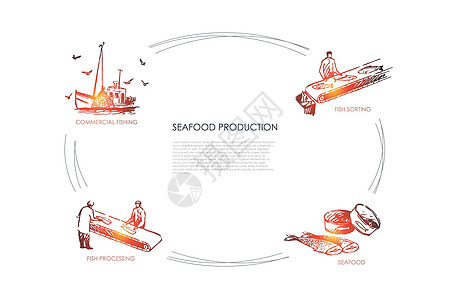 海鲜生产商业加工矢量概念 se刻字插图物流美食产品营养水产血管市场渔业图片