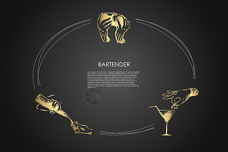 调酒师  调酒师的手摇着鸡尾酒 把柠檬放在玻璃杯中 从瓶子矢量概念 se酒精餐厅酒保插图饮料稻草摇床拍卖液体刻字图片