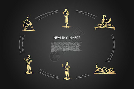 健康的习惯跑步吃健康的食物睡得好做健身和锻炼矢量概念 se水果控制草图女士刻字火车身体蔬菜操练营养图片