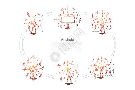 Android机器人与 android 脚本矢量概念 se高科技网络标签插图手机技术手绘电子人细胞屏幕背景图片