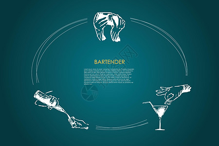 调酒师  调酒师的手摇着鸡尾酒 把柠檬放在玻璃杯中 从瓶子矢量概念 se酒吧服务餐厅草图摇床玻璃派对稻草液体职业图片