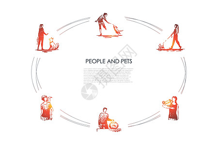 人和宠物  有狗 鹦嘴鱼和蜥蜴矢量概念的人拥抱小狗朋友鹦鹉哺乳动物快乐沟通犬类公司草图图片
