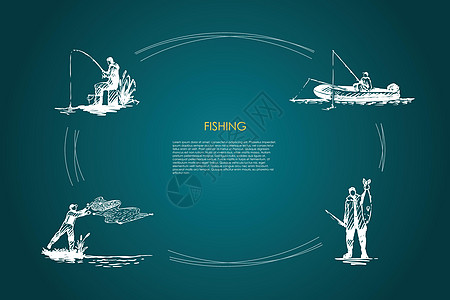 钓鱼渔夫铸造在船矢量概念 se池塘爱好垂钓者娱乐冥想插图草图卷轴齿轮运动图片