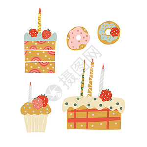 糖果和甜点手绘矢量插图以明亮的波西米亚色彩 用于 web 和打印的隔离矢量设计标识配料蛋糕小雨生日乐趣食物风格蜡烛覆盆子图片