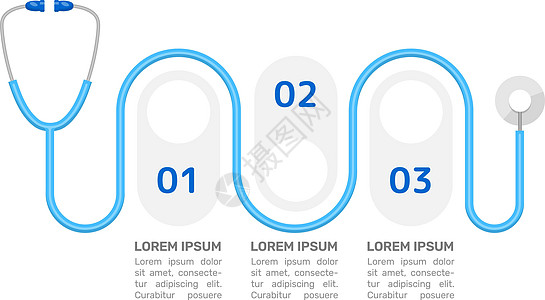 听诊器蓝色信息图表设计模板 医生咨询 带有空白复制空间的抽象矢量信息图 具有 3 个步骤序列的教学图形 可视化数据呈现图片