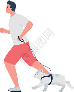带着狗在皮带上奔跑的人平面颜色矢量详细特征图片