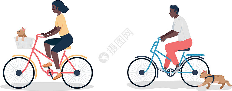 骑自行车的非洲裔美国人男人和女人带着狗平面颜色矢量详细字符 se图片