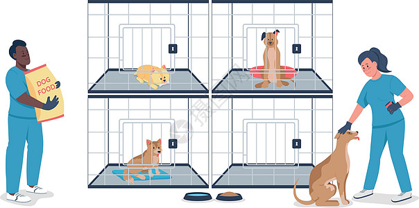 兽医与狗在笼子里平面颜色矢量详细字符图片
