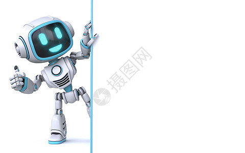 拿着空白的白板3的逗人喜爱的蓝色机器人电子人横幅手势人工智能技术木板卡片自动化助手公告图片