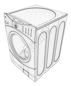 从孤立在白色背景上的黑色线条的洗衣机线框 等距视图  3D 它制作图案矢量图片