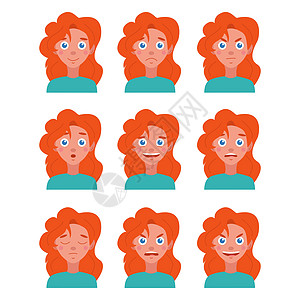 矢量平面图像与一组不同的情绪 白色背景上 9 个版本的红头发年轻女孩的肖像图片