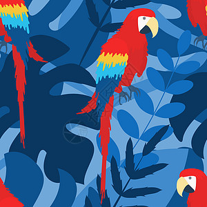 在热带植物中 蓝色背景中 树枝上红色金刚鹦鹉图像的无缝图案图片