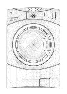 从孤立在白色背景上的黑色线条的洗衣机线框 正视图  3D 它制作图案矢量图片