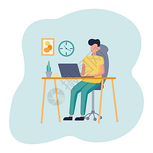 工作场所办公室的矢量平面插画 一个男人坐在办公桌前 用笔记本电脑工作图片
