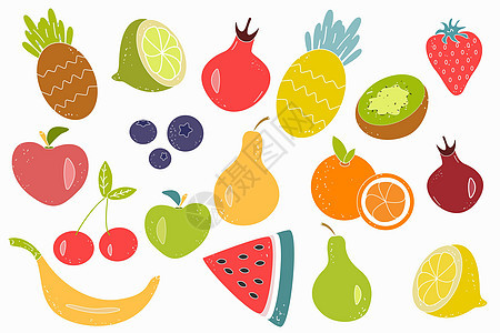 向量集的多汁水果和浆果在白色背景上 健康的天然食物维生素的来源图片