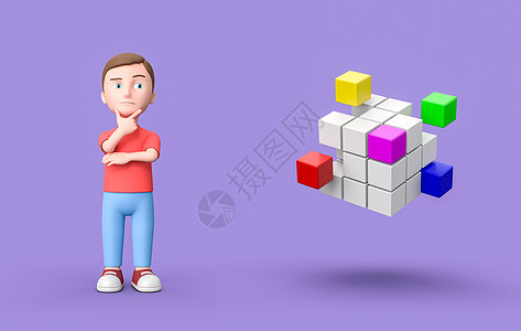 年轻的 3D 卡通人物和紫色背景上的组合立方体图片