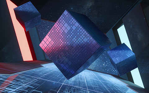 隧道中的立方体未来派房间 3d 渲染材料科幻建筑建筑学车站飞船科学插图入口小说背景图片