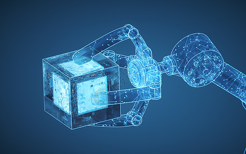 具有蓝色 background3d 渲染的机械臂手臂机械芯片金属机器人机器电路工程智力工厂图片