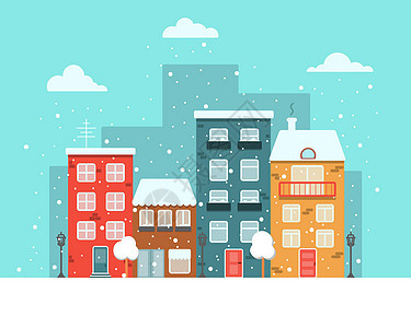 冬季光季路边有五颜六色房子的城市矢量平面图像雪和雪花图片